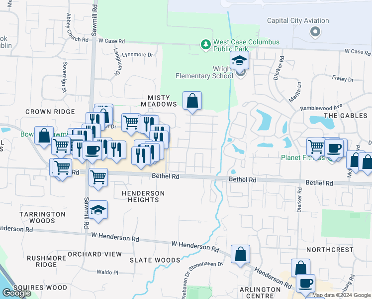 map of restaurants, bars, coffee shops, grocery stores, and more near 2557 Gardenia Drive in Columbus