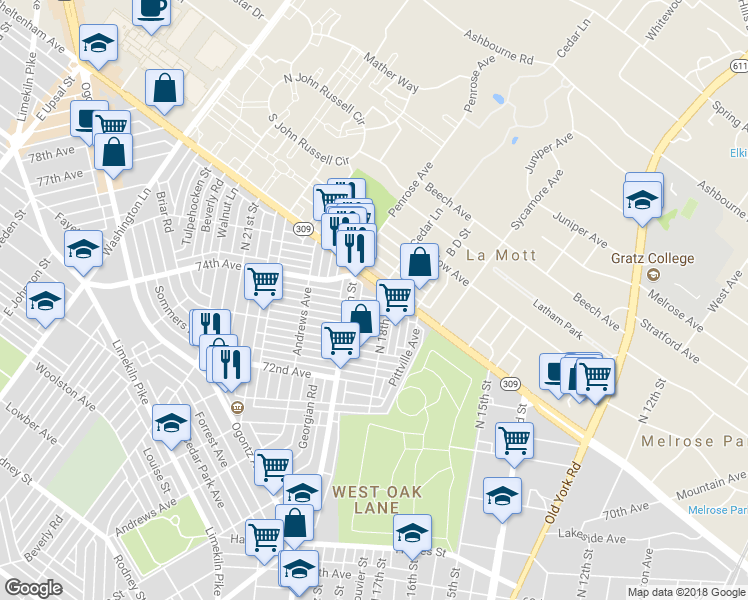 map of restaurants, bars, coffee shops, grocery stores, and more near 1817 Penfield Street in Philadelphia