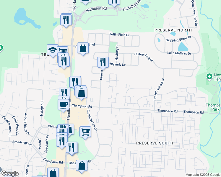 map of restaurants, bars, coffee shops, grocery stores, and more near 4241 Windsor Bridge Place in New Albany