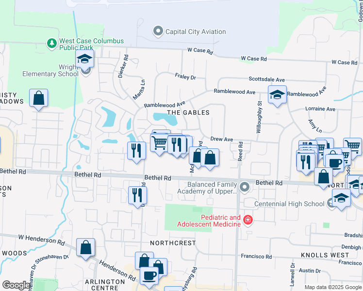map of restaurants, bars, coffee shops, grocery stores, and more near 1979 Drury Lane in Columbus