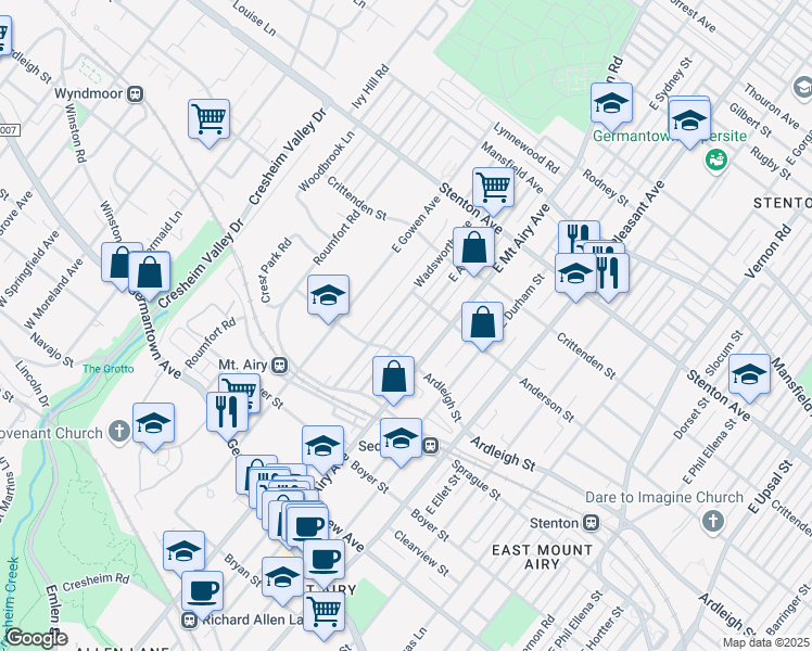 map of restaurants, bars, coffee shops, grocery stores, and more near 419 East Allens Lane in Philadelphia