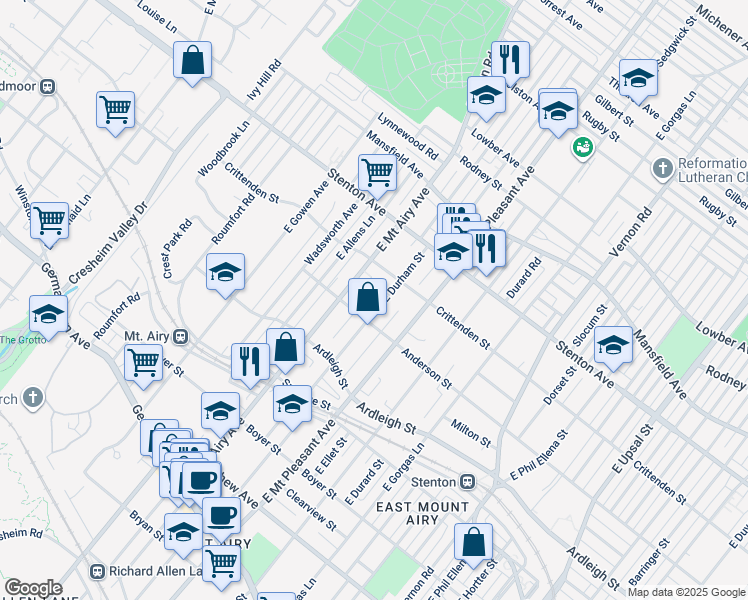 map of restaurants, bars, coffee shops, grocery stores, and more near 527 East Durham Street in Philadelphia