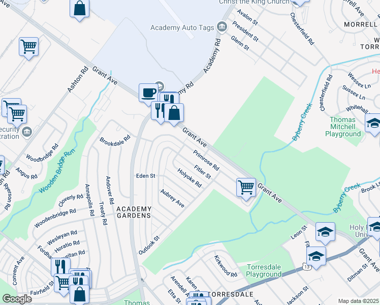 map of restaurants, bars, coffee shops, grocery stores, and more near 3414 Primrose Road in Philadelphia