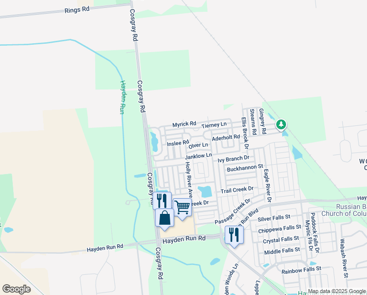 map of restaurants, bars, coffee shops, grocery stores, and more near 5993 Inslee Road in Dublin