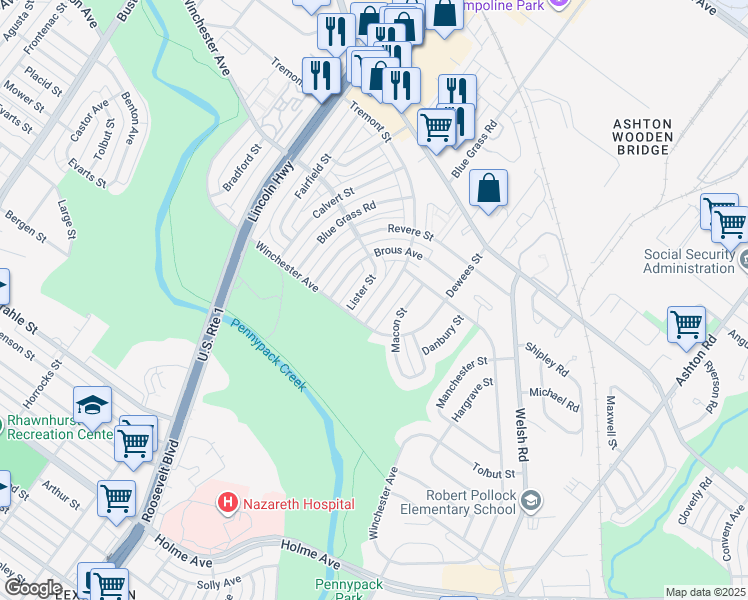 map of restaurants, bars, coffee shops, grocery stores, and more near 8816 Brocklehurst Street in Philadelphia