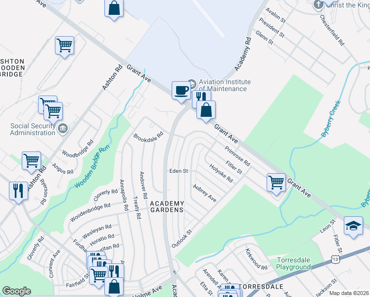 map of restaurants, bars, coffee shops, grocery stores, and more near 9437 Lansford Street in Philadelphia