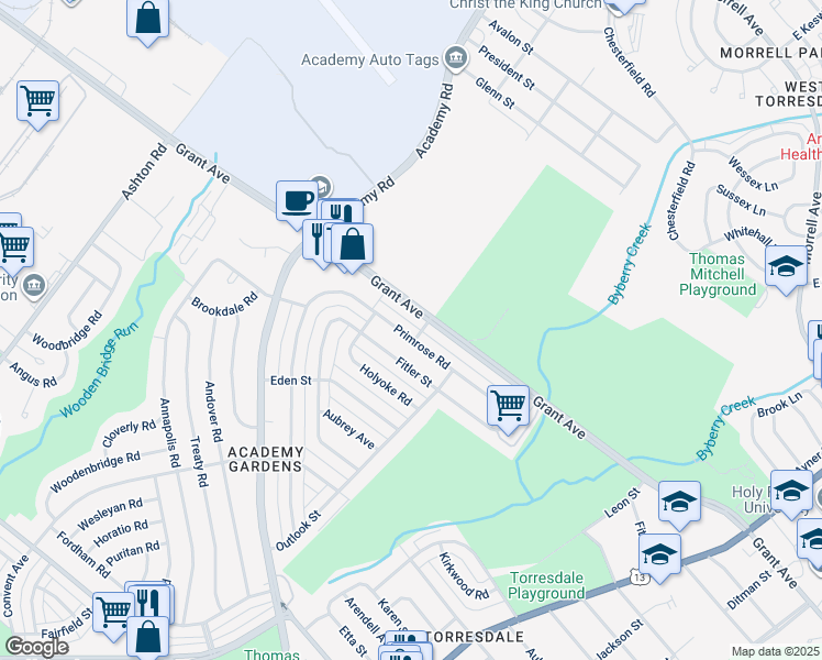 map of restaurants, bars, coffee shops, grocery stores, and more near 3435 Primrose Road in Philadelphia