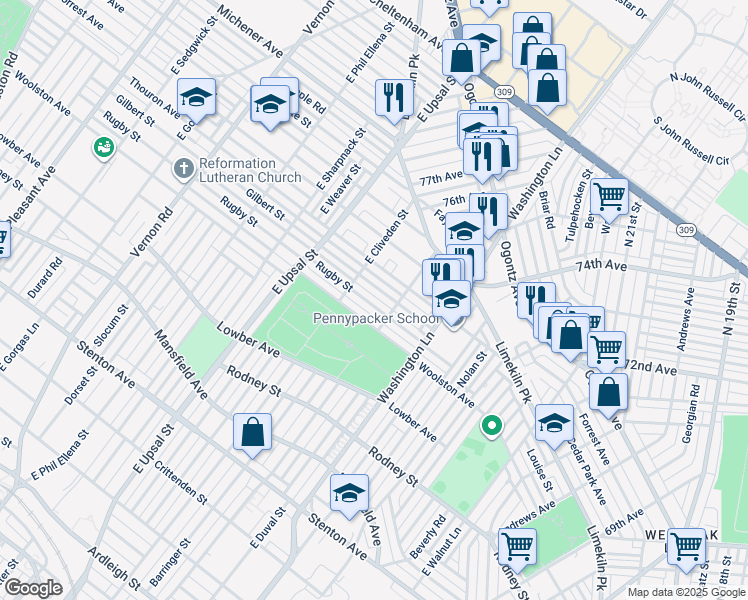 map of restaurants, bars, coffee shops, grocery stores, and more near 7523 Rugby Street in Philadelphia