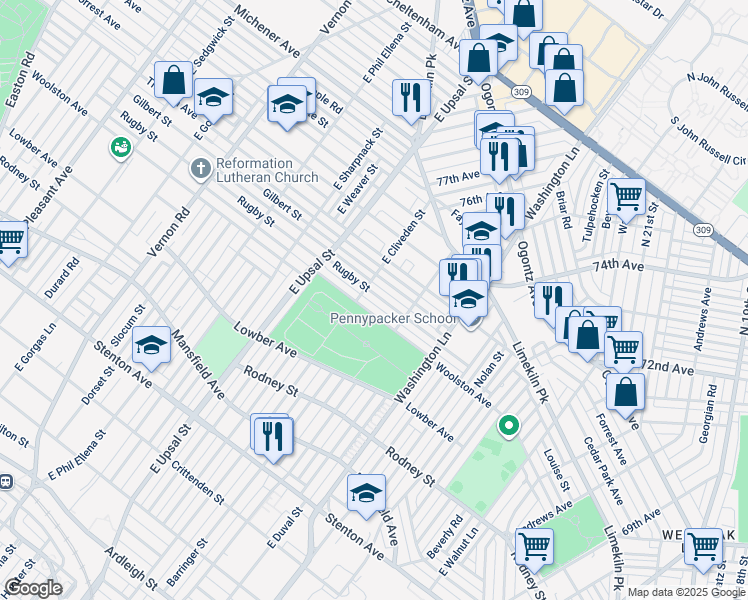 map of restaurants, bars, coffee shops, grocery stores, and more near 7540 Rugby Street in Philadelphia