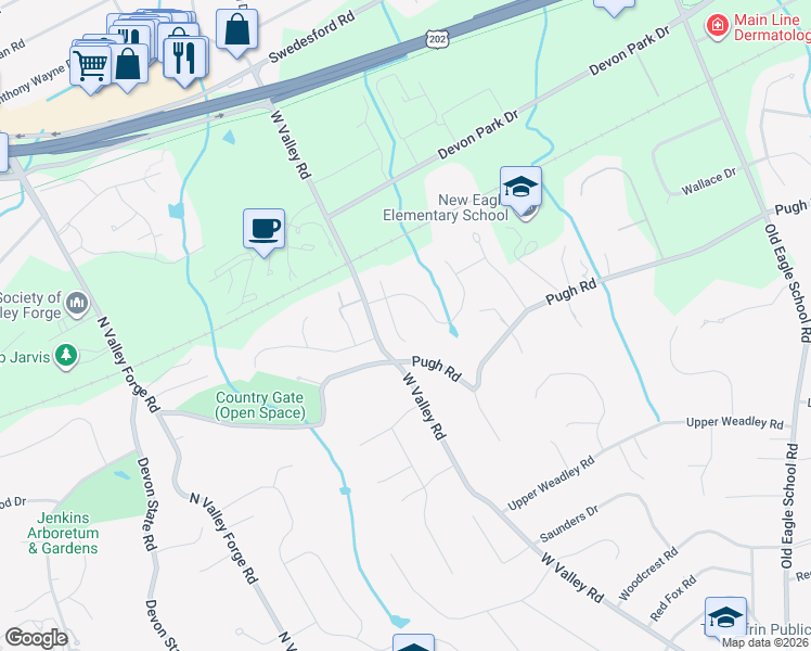 map of restaurants, bars, coffee shops, grocery stores, and more near 825 Springbank Lane in Wayne
