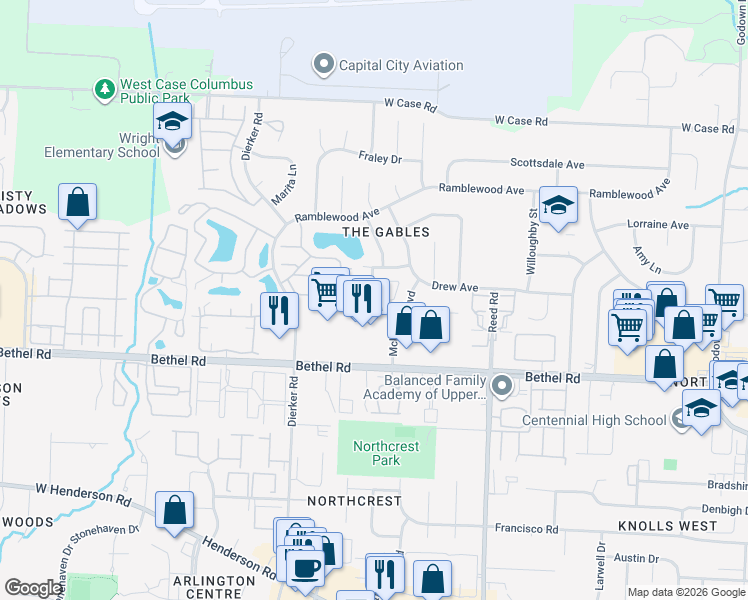 map of restaurants, bars, coffee shops, grocery stores, and more near 1979 Drury Lane in Columbus