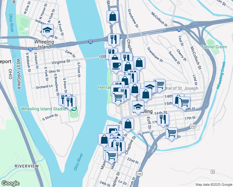 map of restaurants, bars, coffee shops, grocery stores, and more near 1233 Main Street in Wheeling