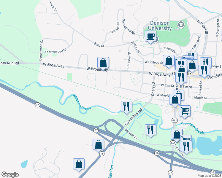 map of restaurants, bars, coffee shops, grocery stores, and more near 750 West Maple Street in Granville