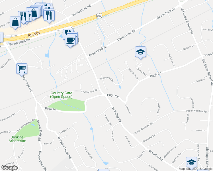 map of restaurants, bars, coffee shops, grocery stores, and more near 825 Springbank Lane in Wayne