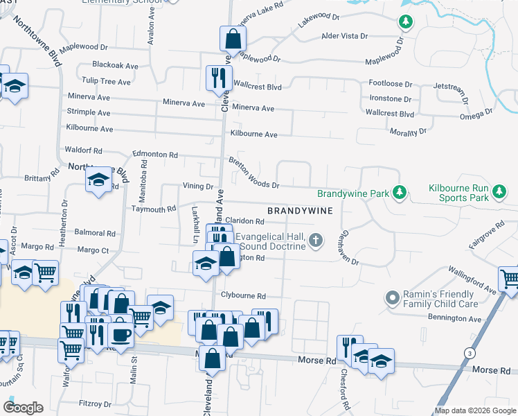 map of restaurants, bars, coffee shops, grocery stores, and more near 2583 Northwold Road in Columbus