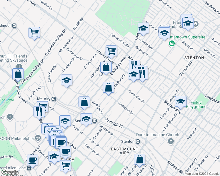 map of restaurants, bars, coffee shops, grocery stores, and more near 527 East Durham Street in Philadelphia