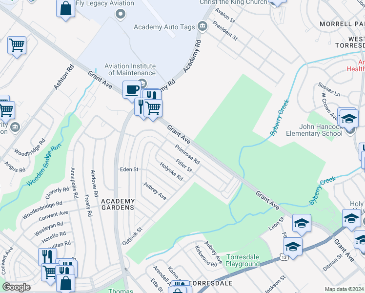 map of restaurants, bars, coffee shops, grocery stores, and more near 3435 Primrose Road in Philadelphia