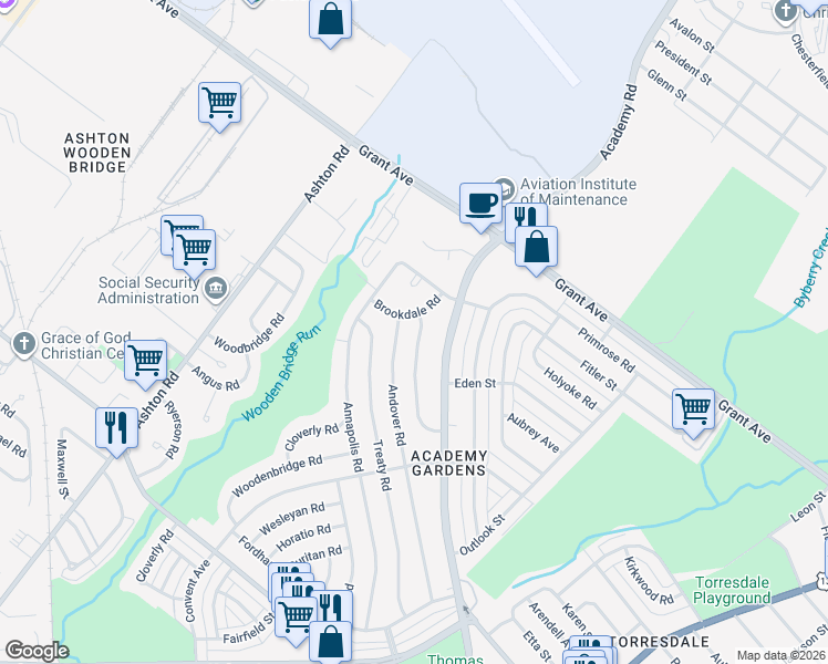 map of restaurants, bars, coffee shops, grocery stores, and more near 9340 Campus Lane in Philadelphia