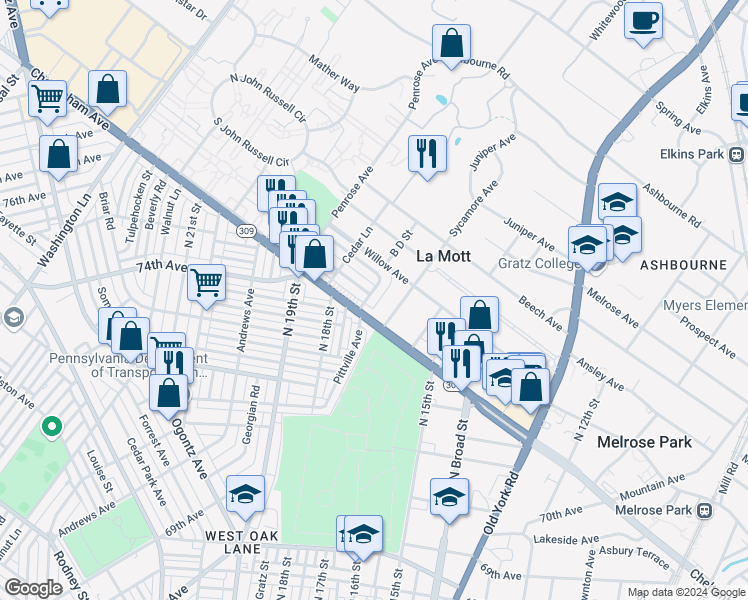 map of restaurants, bars, coffee shops, grocery stores, and more near 7421 Euston Road in La Mott