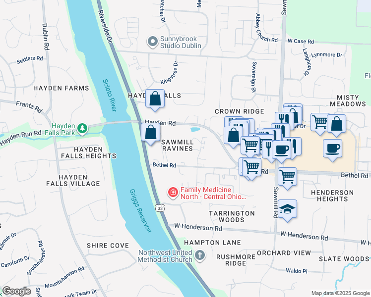 map of restaurants, bars, coffee shops, grocery stores, and more near 3127 Francinelane Drive in Columbus