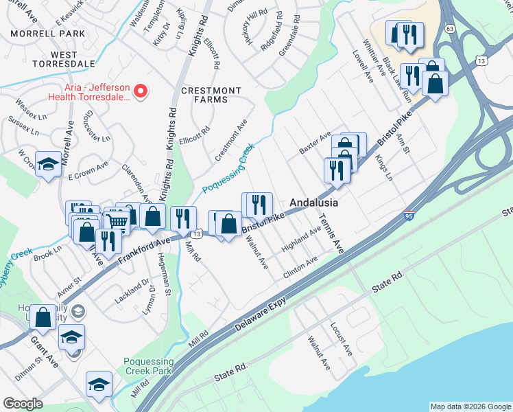 map of restaurants, bars, coffee shops, grocery stores, and more near 1042 Colonial Avenue in Bensalem
