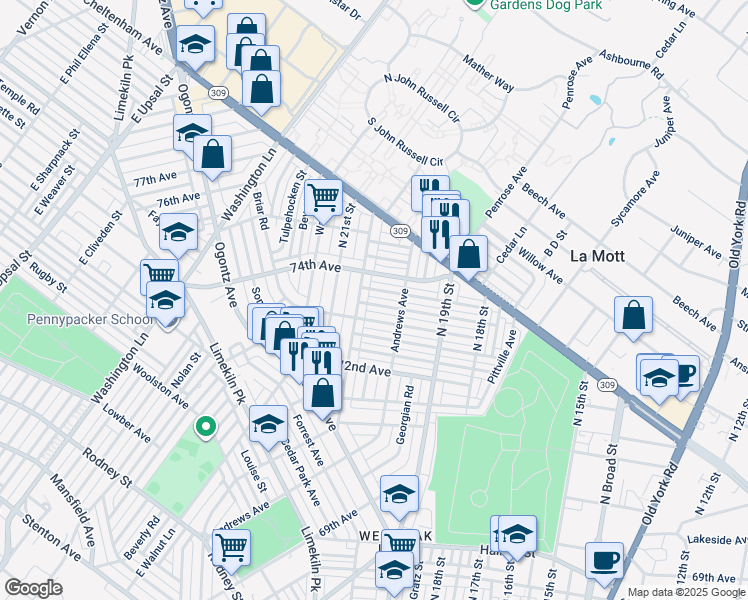 map of restaurants, bars, coffee shops, grocery stores, and more near 1983 Ashley Road in Philadelphia