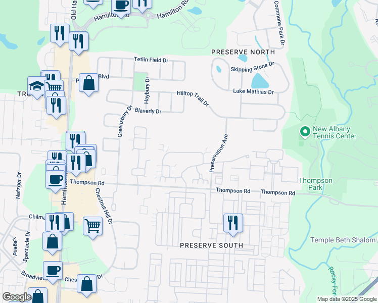map of restaurants, bars, coffee shops, grocery stores, and more near 6232 Brickside Drive in New Albany