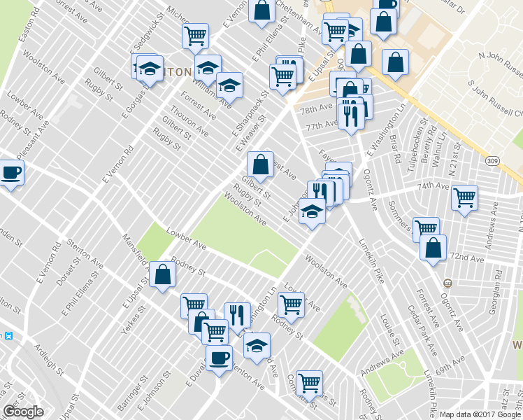 map of restaurants, bars, coffee shops, grocery stores, and more near 7542 Rugby Street in Philadelphia