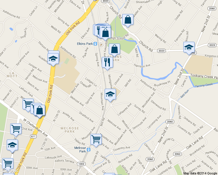 map of restaurants, bars, coffee shops, grocery stores, and more near 7700 Montgomery Ave in Elkins Park
