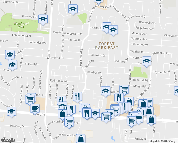 map of restaurants, bars, coffee shops, grocery stores, and more near 1838 Sharbot Drive in Columbus