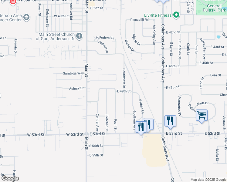 map of restaurants, bars, coffee shops, grocery stores, and more near 4905 Pearl Street in Anderson