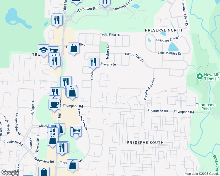 map of restaurants, bars, coffee shops, grocery stores, and more near 4248 Bridgelane Place in New Albany