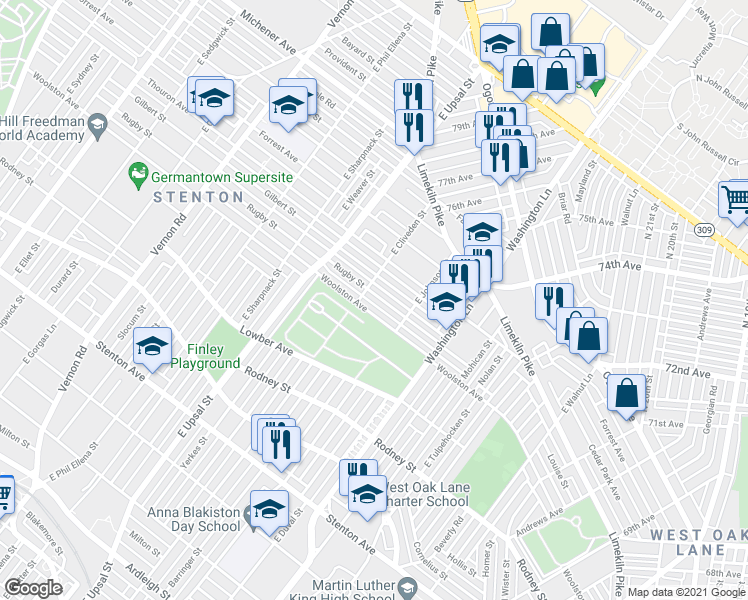 map of restaurants, bars, coffee shops, grocery stores, and more near 7542 Rugby Street in Philadelphia