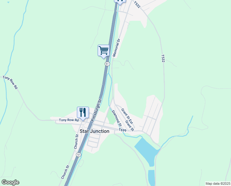map of restaurants, bars, coffee shops, grocery stores, and more near 173 Memorial Drive in Perryopolis