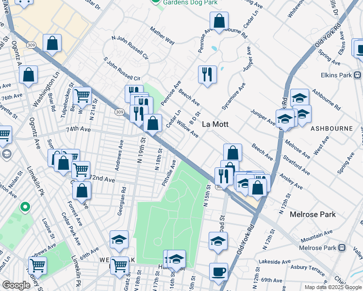 map of restaurants, bars, coffee shops, grocery stores, and more near 7421 Euston Road in La Mott
