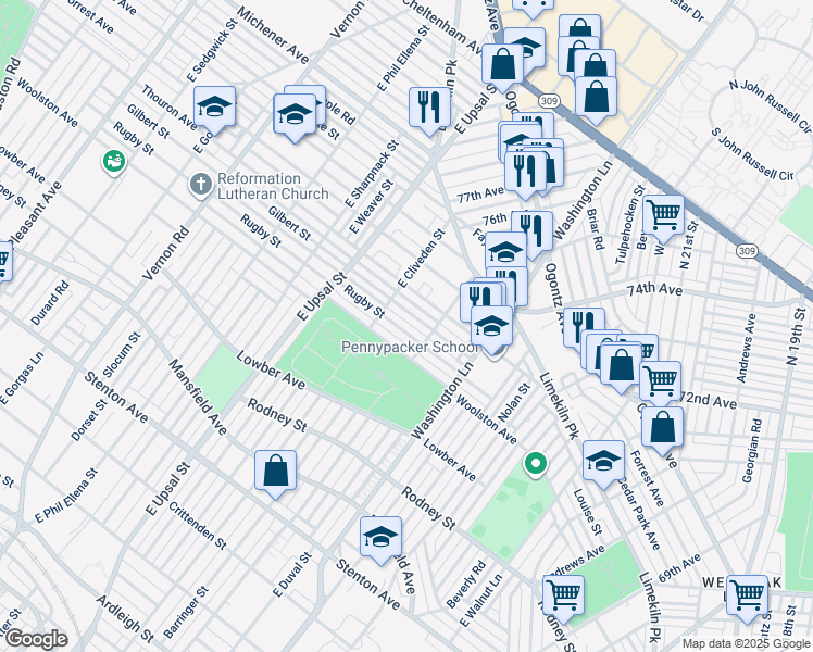 map of restaurants, bars, coffee shops, grocery stores, and more near 7525 Rugby Street in Philadelphia