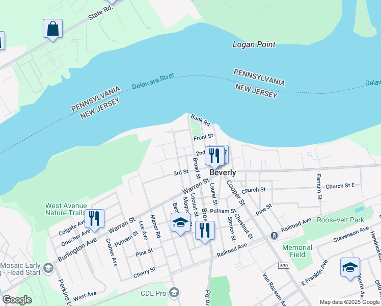 map of restaurants, bars, coffee shops, grocery stores, and more near 131 Broad Street in Beverly