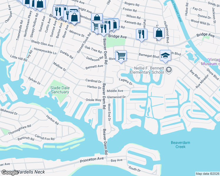 map of restaurants, bars, coffee shops, grocery stores, and more near 2233 Laurel Dr in Point Pleasant