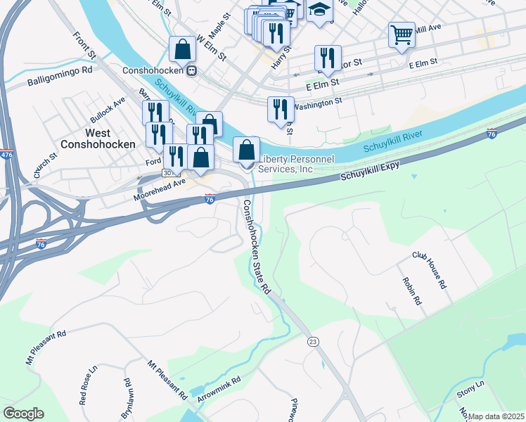 map of restaurants, bars, coffee shops, grocery stores, and more near Four Falls Corporate Center in West Conshohocken