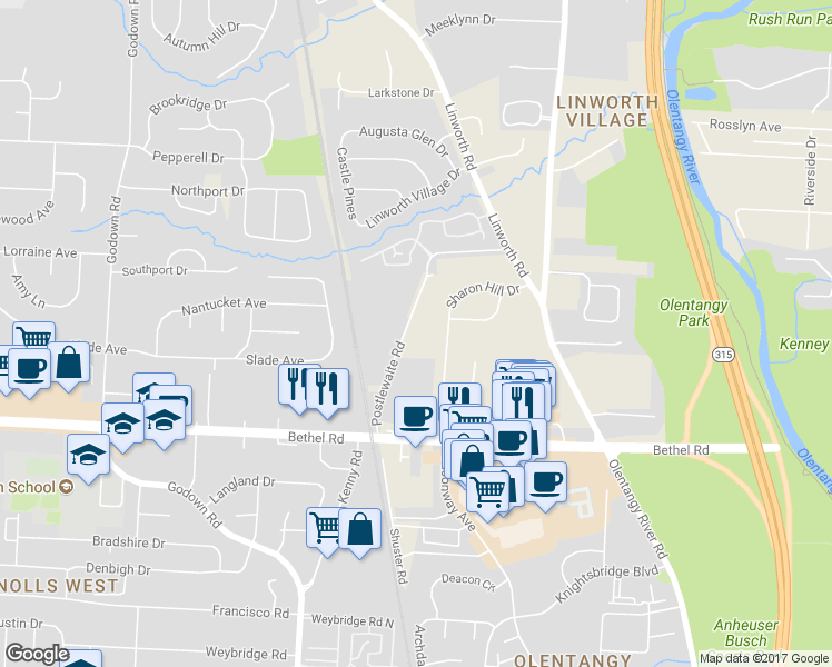map of restaurants, bars, coffee shops, grocery stores, and more near 5008 Postlewaite Road in Columbus