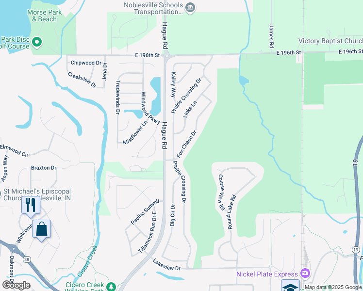 map of restaurants, bars, coffee shops, grocery stores, and more near 19167 Fox Chase Drive in Noblesville