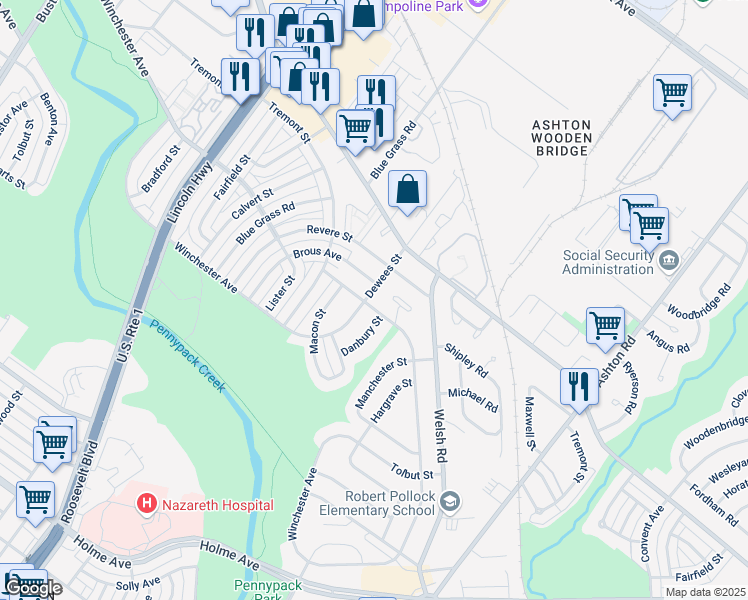 map of restaurants, bars, coffee shops, grocery stores, and more near 8905 Dewees Street in Philadelphia