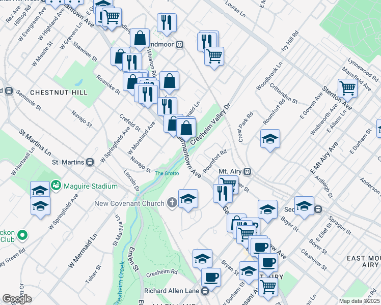 map of restaurants, bars, coffee shops, grocery stores, and more near 7627 Germantown Avenue in Philadelphia