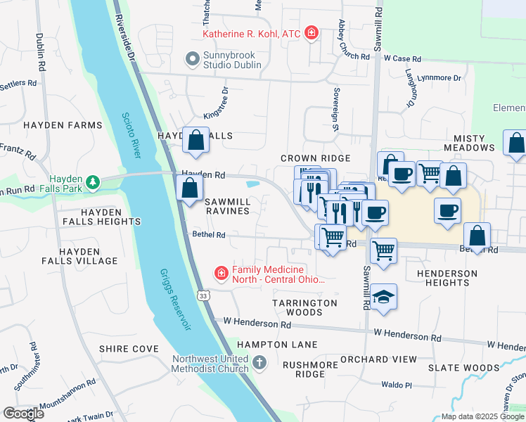 map of restaurants, bars, coffee shops, grocery stores, and more near 5476 Kenneylane Boulevard in Columbus