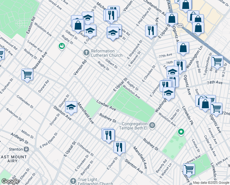 map of restaurants, bars, coffee shops, grocery stores, and more near 1168 East Upsal Street in Philadelphia
