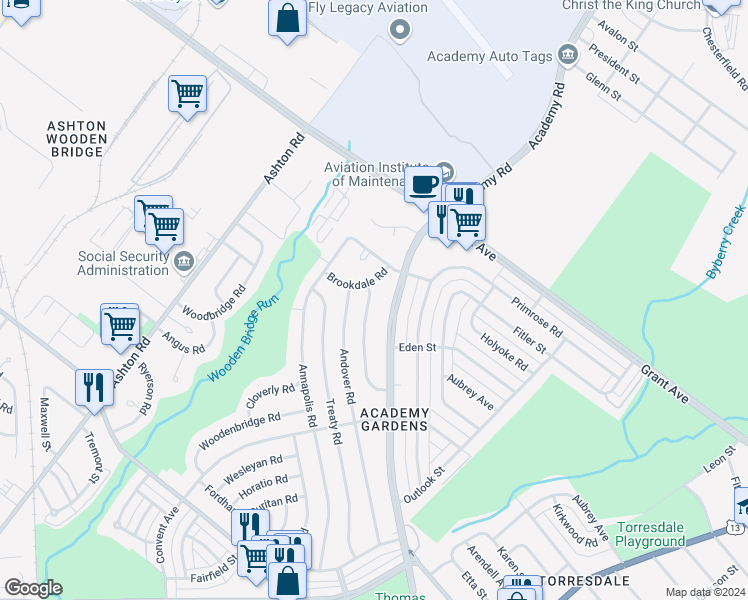 map of restaurants, bars, coffee shops, grocery stores, and more near 9335 Campus Lane in Philadelphia