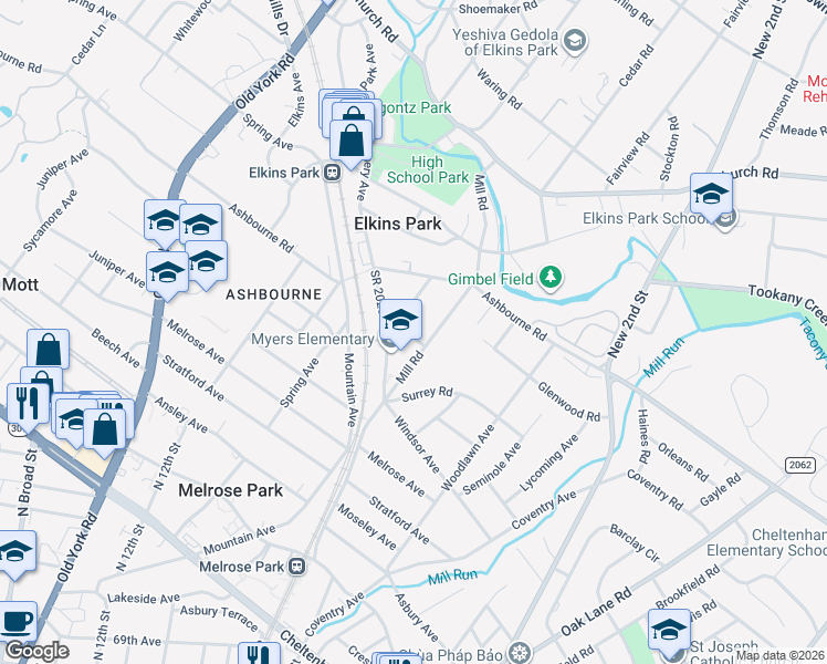 map of restaurants, bars, coffee shops, grocery stores, and more near 309 Glenwood Road in Elkins Park