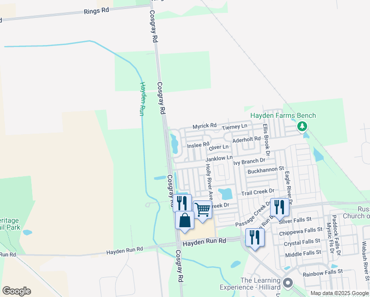 map of restaurants, bars, coffee shops, grocery stores, and more near 6051 Hayden Farms Road in Dublin