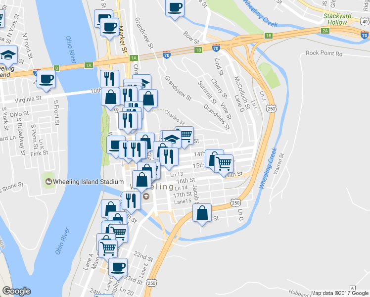 map of restaurants, bars, coffee shops, grocery stores, and more near 30 13th Street in Wheeling