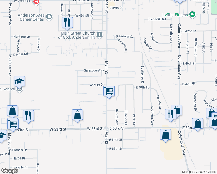 map of restaurants, bars, coffee shops, grocery stores, and more near 4900 Main Street in Anderson